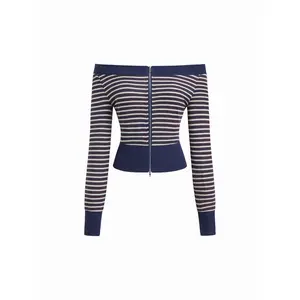 Cider Cotton-blend Off-shoulder Stripe Zip Through Sweatshirt Dealsforyou