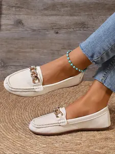 Women's Casual Loafers, All-Season Slip-On Shoes, Comfortable Walking Flats, Metal Buckle Decor, Ideal for Work & Daily Wear