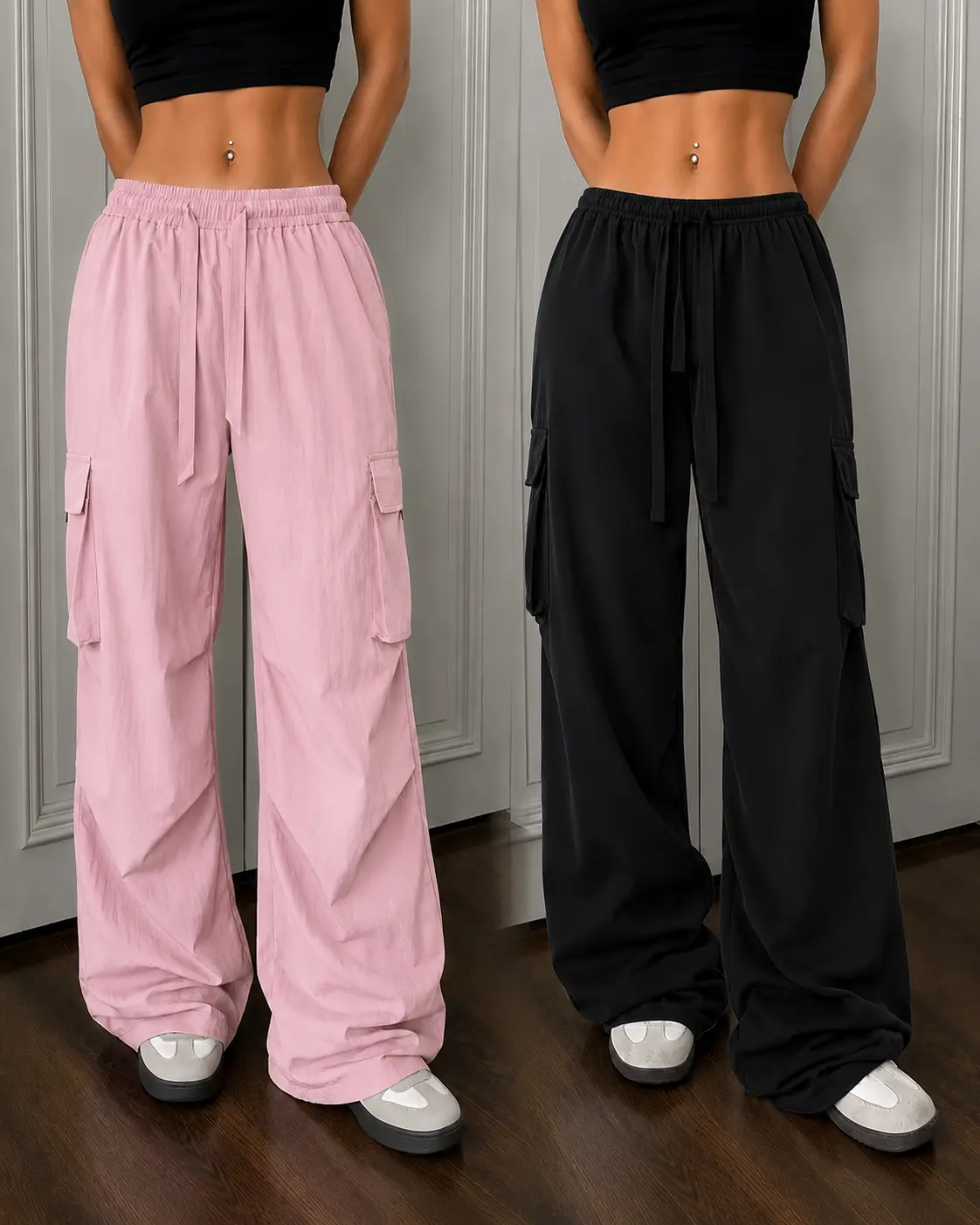Women’s 2-piece set: lightweight, quick-dry wide-leg cargo pants (paratrooper style), high-waisted with drawstring, multiple pockets, and ruched detailing; outdoor casual cargo pants; two-tone mix-and-match set.