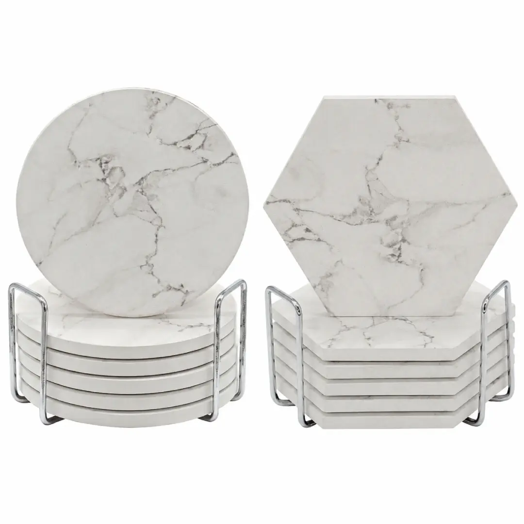 Absorbent Coasters for Drinks 6pc Ceramic Coaster Set with Metal Holder White Marble Design Non Slip Cork Base Cute Cup Coasters for Wooden Table Protection Aesthetic Room Decor Housewarming Gift Ideas Living Room Coffee Table Kitchen Mug Mats