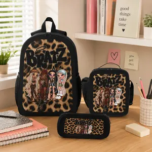 BRATZ Backpack Set Durable Polyester 3 Piece Bookbag Lunch Bag Pencil Case Lightweight Large Capacity Travel Daypack Back To School Supplies Y2K Leopard Graphic Bag For Girls Teens Students Viral Trend