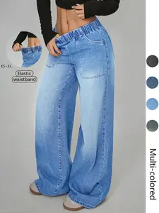 Women's High Waisted Casual Pants, Loose Fit Wide Leg Jeans with Pockets, Elastic Waist, Button Front, All Seasons, Perfect for Daily Wear and Partiesstacked pants Womenswear