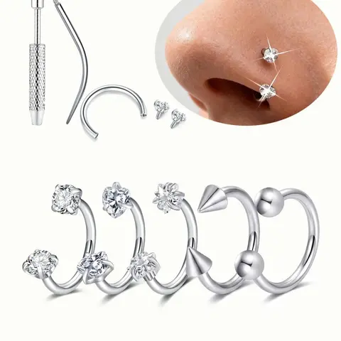 Hypoallergenic CZ Horseshoe Nose Ring Hoop, Stainless Steel, 18/20 Gauge 8mm, Internally Threaded, Cubic Zirconia Nose & Tragus Piercing Jewelry with Insertion Tool Nose Rings Hoops