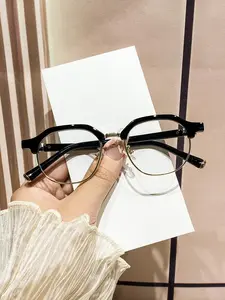 Women's Metal Round Brow Frame Glasses, Korean Trendy Fashion Flat Mirror, High-Quality Lenses, Perfect Match Accessory