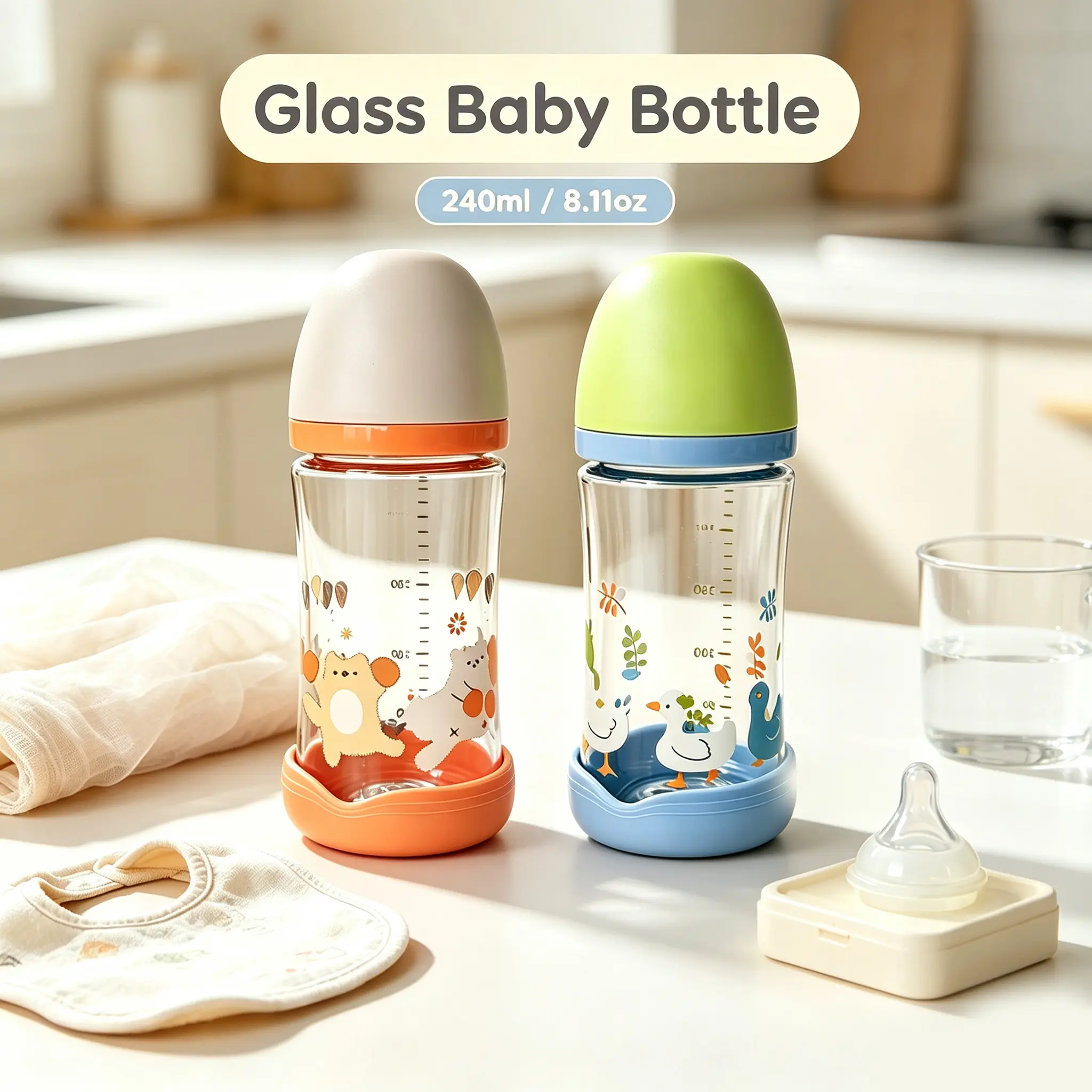 HOTMIR 8oz wide caliber baby glass bottle with anti slip silicone base, natural flowing and comfortable nipple, suitable for newborns over 3 months old, suitable for travel baby bottles