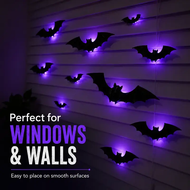 3D Bat Light LED Decorations, 12Pcs/24Pcs Halloween Spooky Wall Ornaments, Bendable Realistic Bat Wall Stickers, Easy Install Battery Powered Glowing Decor, Bubble-Free Reusable Indoor Decor for Home, Window, Door and Halloween Party