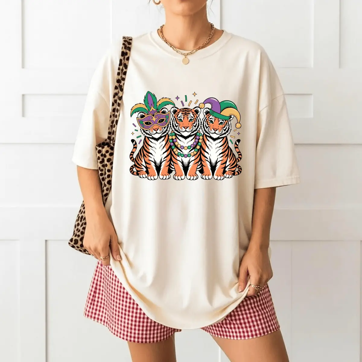 Mardi Gras Tiger Shirt Cute Tiger Carnival T Shirt with Masks and Beads Colorful Animal Party Tee Funny Festival Outfit  Everyday Cotton T-Shirt