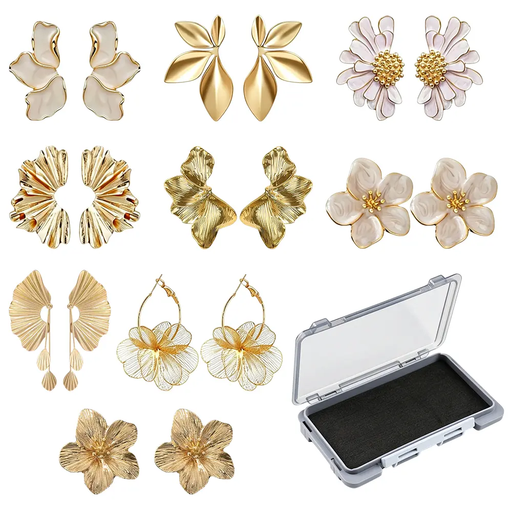 9Pairs Large Gold Flower Earrings for Women, Chunky Petal Design White & Gold Stud Earrings, Lightweight Hypoallergenic Stainless Steel Jewelry for Party, Holiday Festive Fall Outfits, Elegant Gifts for Her