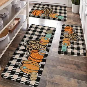 2/3pcs Autumn Thanksgiving Watercolor Pumpkin Animal Print Rug Kitchen Floor Mat Carpet, Water Buffalo Grid Printed Flannel Soft, Anti Drop & Anti Slip Floor Mat, Thanksgiving Party Kitchen, Dining Room, Living Room, Entrance Door, Laundry Room Carpet
