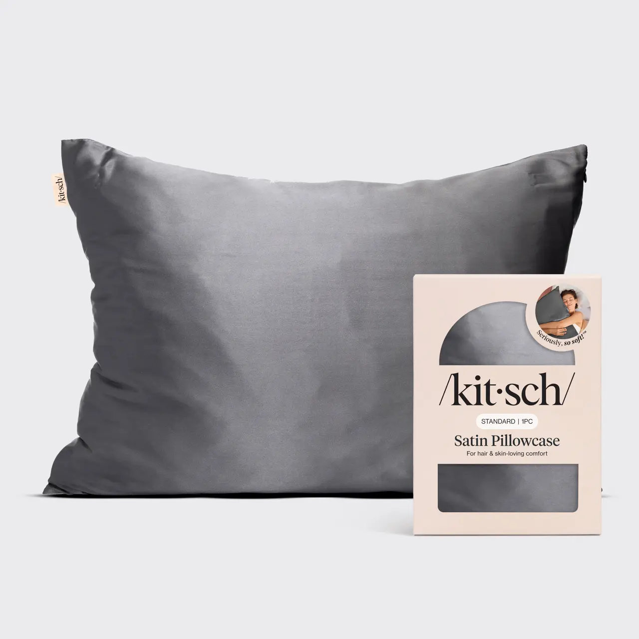 Kitsch Satin Pillowcase with Zipper for Hair & Skin, Softer Than Silk, Queen Pillow Cases, Wrinkle-Free Pillow Covers, Standard Size 19"x26", Charcoal Grey