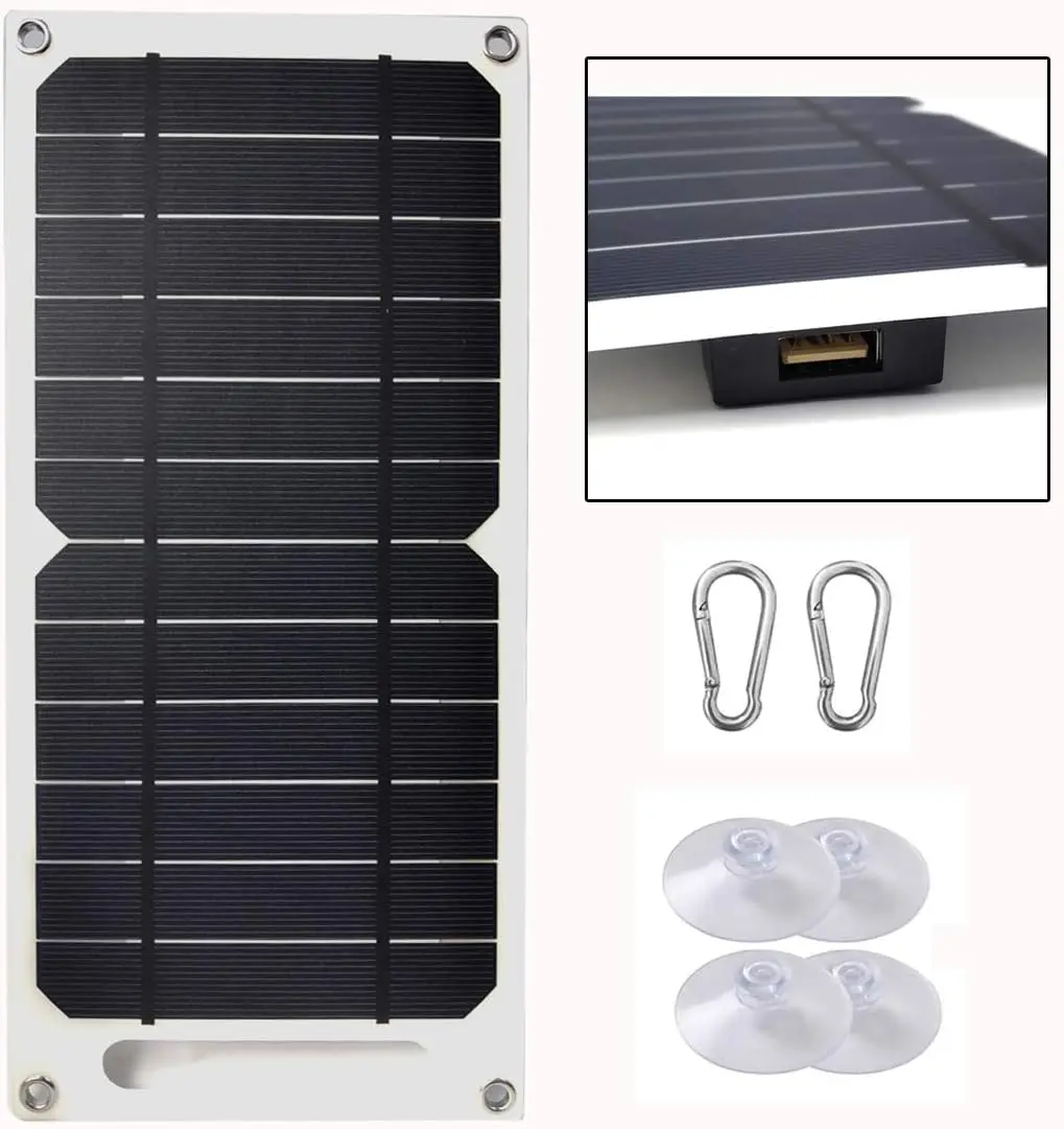 10W Output Compact Flexible Solar Panel Battery Charger - Portable Waterproof Trickle Maintainer Kit with USB, 2 Carabiner Clips for Fishing, Climbing, RV Off-Grid Vehicle-Mounted Appliances, Hiking