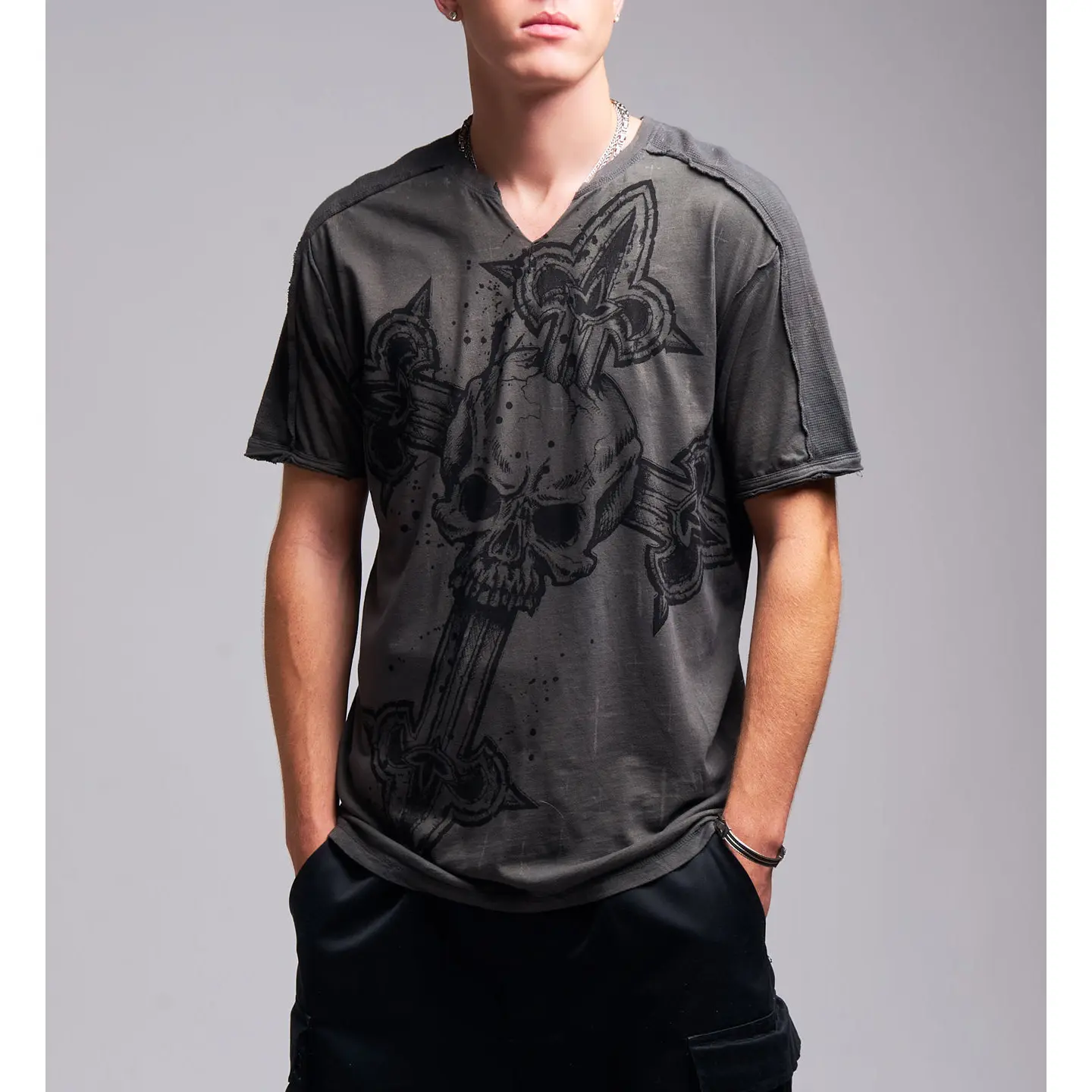 Affliction Men's T-shirt Cross Slit Neck Tee
