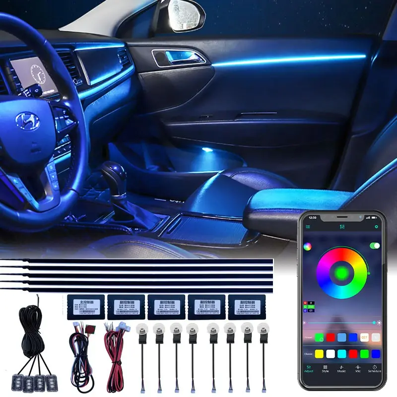 18in1 RBG 64 Color Car Ambient Lights Interior Acrylic Strip Light Guide Fiber Optic Interior Decoration Atmosphere Lamp Led Lights Car Decorative Light Car Lighting Accessories