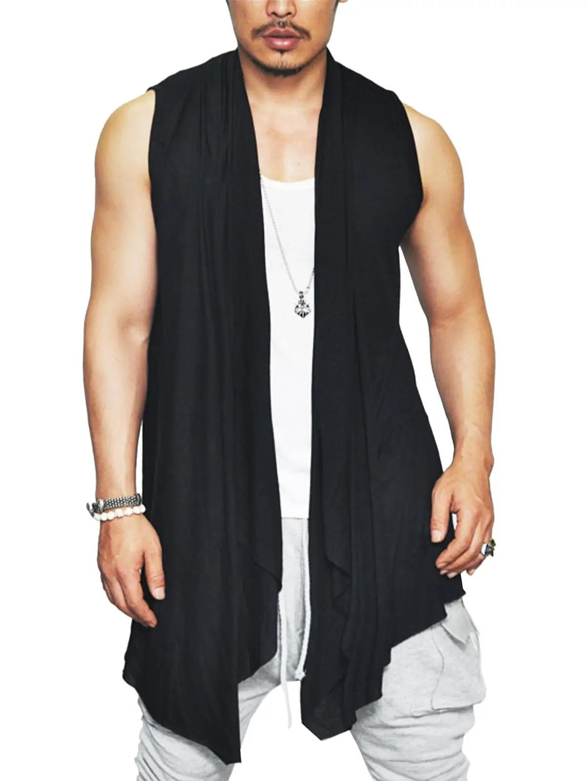 COOFANDY Men's Ruffle Shawl Collar Cardigan Sleeveless Open Front Sleeveless Kimono Vest