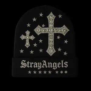StrayAngels Beanie with Rhinestone Cross and Stars Design Black Knit Hat for Women and Men
