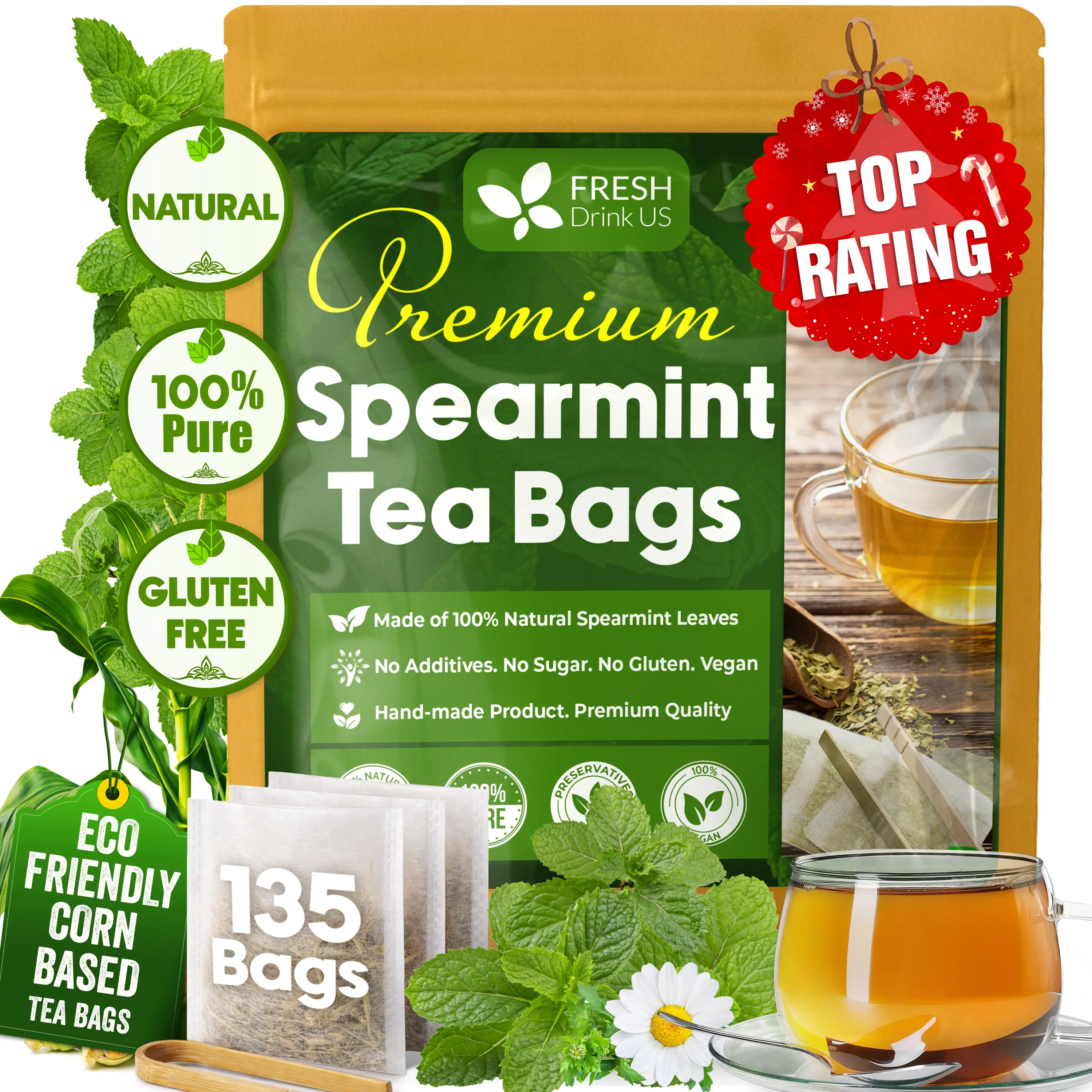 【FreshDrinkUS】 Premium 135 Spearmint Tea Bags, 100% Natural & Pure Spearmint Leaves. Loose Leaf Spearmint Herbal Tea. Spearmint Leaf Tea. No Sugar, No Caffeine, No Gluten, Vegan.