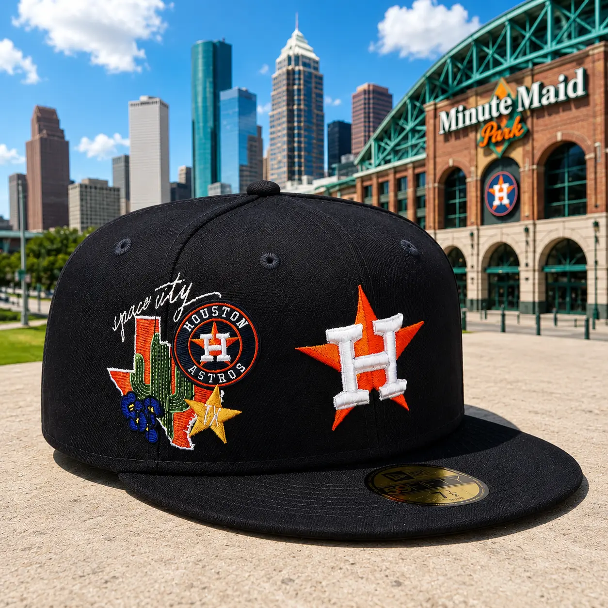 Houston Astros City Collection 59FIFTY Fitted Hat – Black Flat Brim Embroidered MLB Baseball Cap