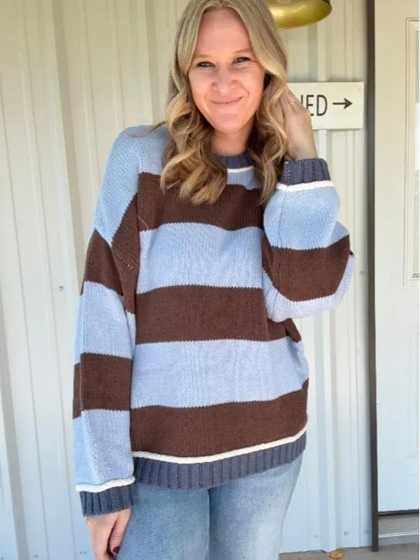 Brown and Blue Striped Chunky Sweater