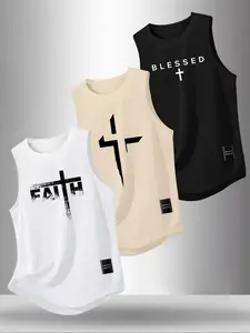 Men's 3-Pack Faith & Cross Graphic Print Tank Tops, Casual Gym Streetwear Vests, Sleeveless Muscle Tees
