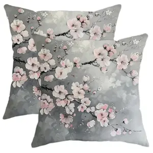 Spring Romantic Cherry Blossom Pillow Covers Set of 2, Modern Elegant Japanese Home Decor, Floral Cushion Cover 18x18 Inch, Home Textile