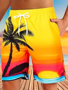 Comfortable and breathable gradient palm tree sunrise print drawstring Swimming Trunks for men, perfect for summer vacations, beaches, and poolside wear.