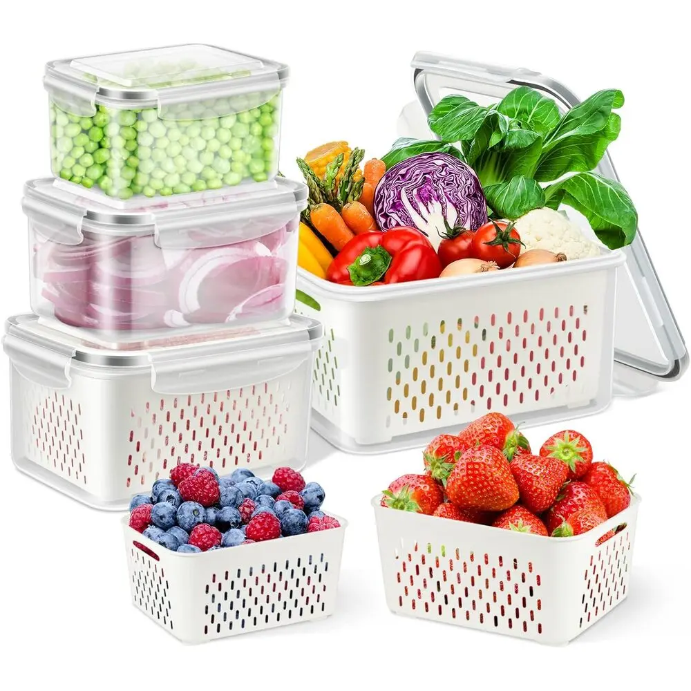 Fridge Produce Storage Container, Stackable Fruit Vegetable Storage Bin with Removable Drain Basket, Refrigerator Organizer Crisper Box for Kitchen