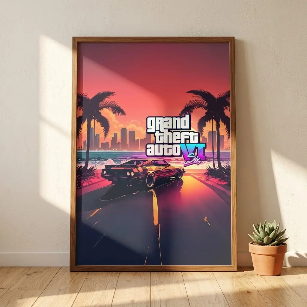 Grand Theft Auto VI Poster, Vice City Style Gaming Wall Art, Retro Open World Game Print, Gamer Room Decor, No Frame