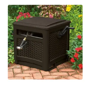 Suncast 225FT Smart Trak Wicker Hose Reel Hideaway – Java Brown Garden Hose Storage Box, Fully Assembled, Kink-Free Auto Wind, Outdoor Yard Organizer