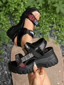 Women's Open Toe Thick Sole Sandals, Adjustable Velcro Closure, Eva Sole & PU Leather, Casual Summer Shoes, Chunky Sole Sandals, Strapy Sandals