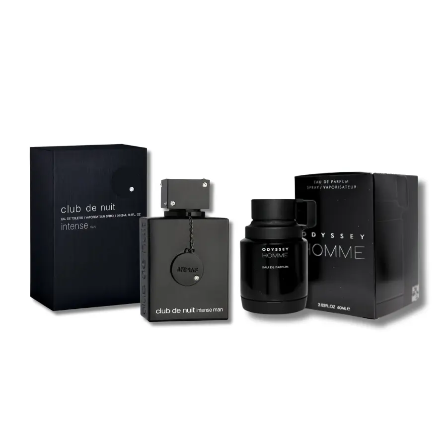 Armaf 2-Piece Men's Fragrance Set: Club de Nuit Intense Man EDT (3.6 oz) & Odyssey Homme Black EDP (3.4 oz), Long Lasting Citrus Spicy Cologne with Pineapple & Aromatic Woody Notes, Long Lasting Fragrance, Aromatic Woody Fragrance