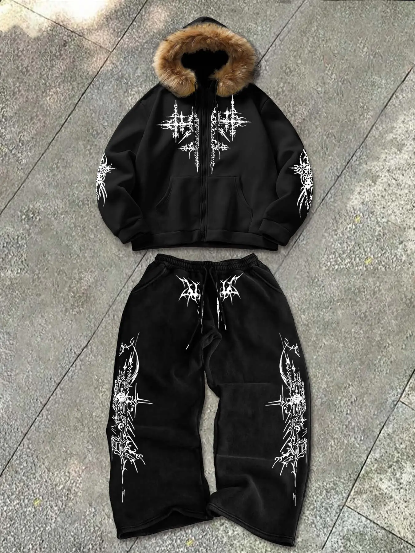 Men's Hooded Print Sweatshirt Jacket & Fashion Straight Leg Pants Set, Large Fur Collar Zip Design, Loose Comfortable Casual Warm Clothes, Sweatsuit Set