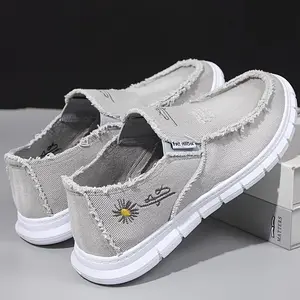 baby mama shoes Stylish Daisy Embroidered Loafers - Casual Low-Top Canvas Shoes for Women - Denim Washed, Soft, Durable, Fashionable, and Comfortable Slip-Ons with Embellished Floral Pattern