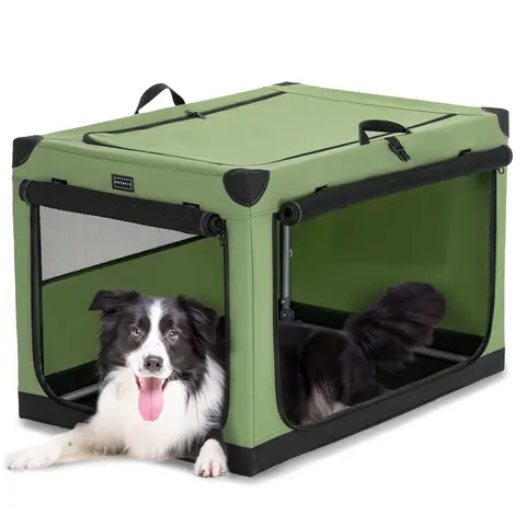 PETSFIT 40-in Green Collapsible Soft-Sided Dog Crate - All-Seasons Soft Sided Kennel with Patented Spiral Head Design, Reinforced Mesh Doors & Windows, Lockable Zippers, Waterproof Solid Base, Ample Ventilation, Storage Pocket