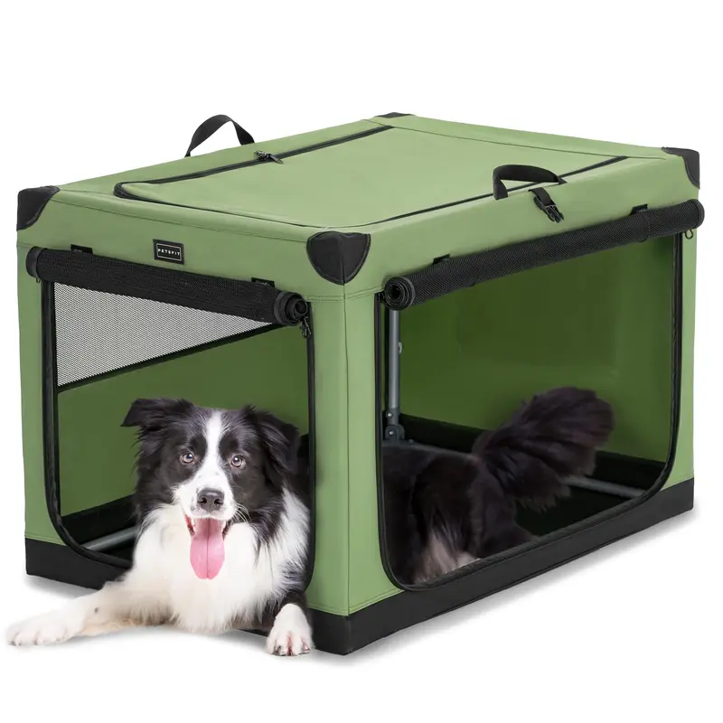 PETSFIT 40-in Green Collapsible Soft-Sided Dog Crate - All-Seasons Soft Sided Kennel with Patented Spiral Head Design, Reinforced Mesh Doors & Windows, Lockable Zippers, Waterproof Solid Base, Ample Ventilation, Storage Pocket