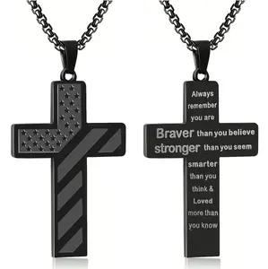 Cross necklace and bracelet set, 60.96 cm stainless steel necklace, adjustable, natural stone bracelet, men's boys' festival jewelry gift men boy black tone american flag  Cross Necklaces