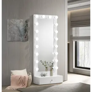 1pc Glam Tall Lighted Mirror with Drawer Box Beveled Mirror Crystal Knob Glossy White Finish Vanity Decor Set