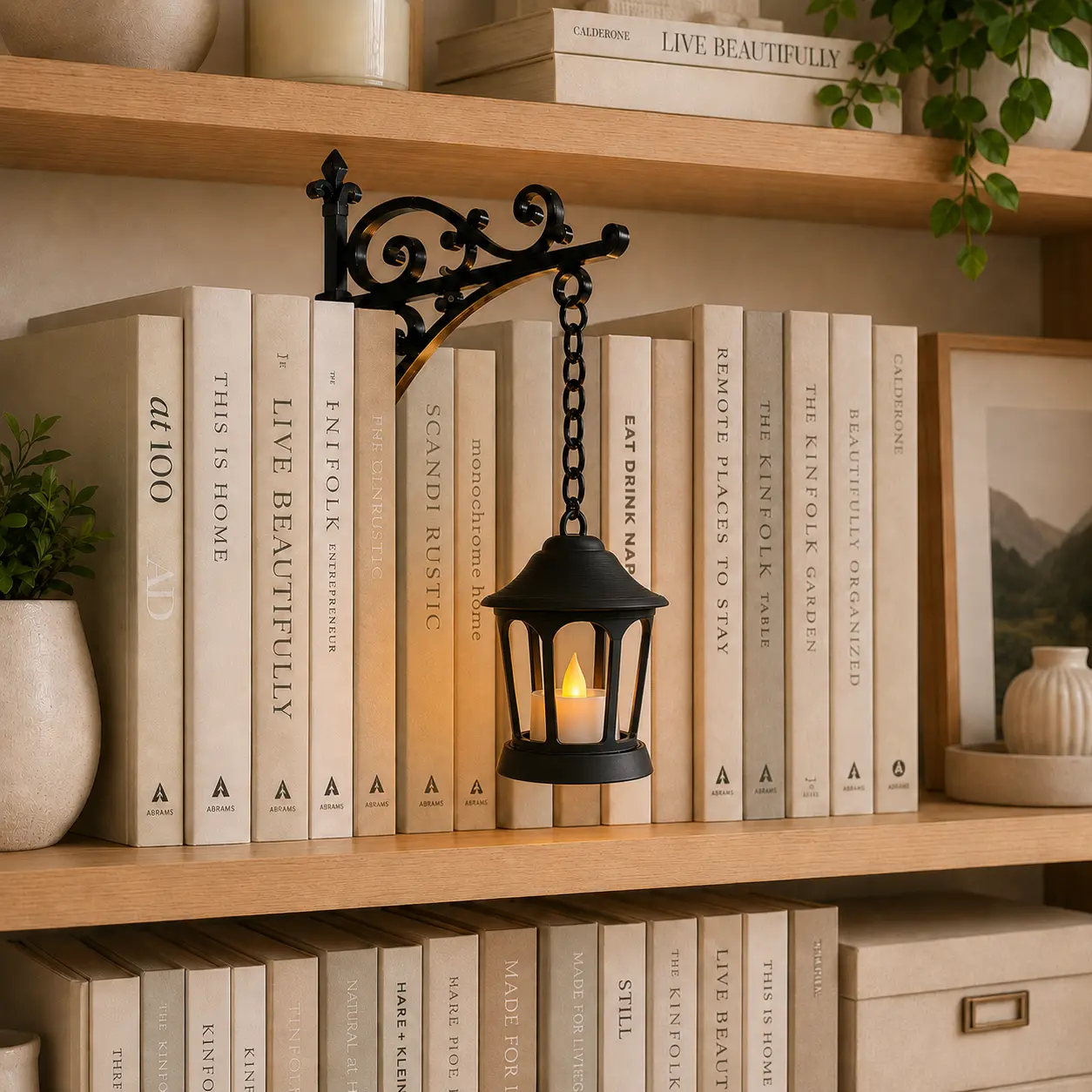 Vintage Hanging Lantern Bookshelf Decor with Ornate Gothic Shelf Bracket, Space-Saving Dark Academia Book Nook Accent, Halloween Home Decor Gift for Book Lovers