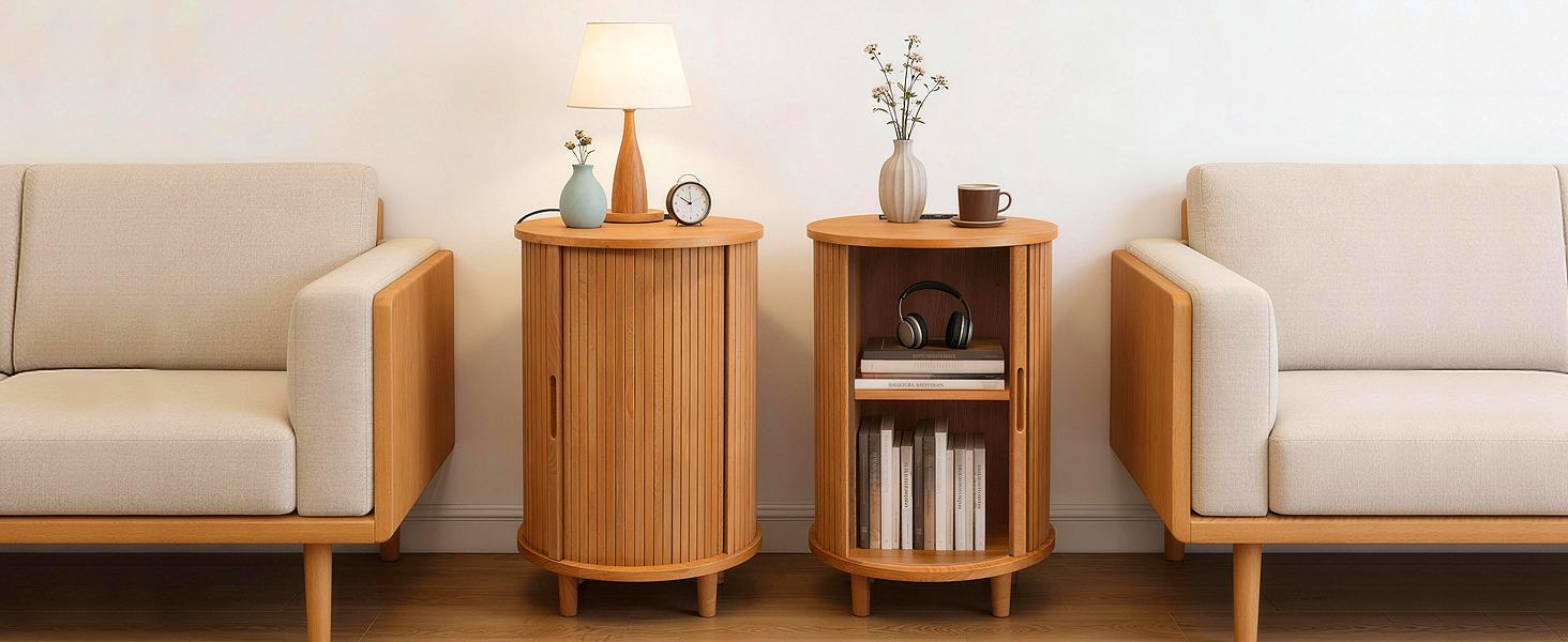 DHH Yellow Oak Round Nightstand with Hidden Storage & Power Strip, 2-Tier Circular Bedside Table with USB, Elegant Accents Table for Home Office & Entryway