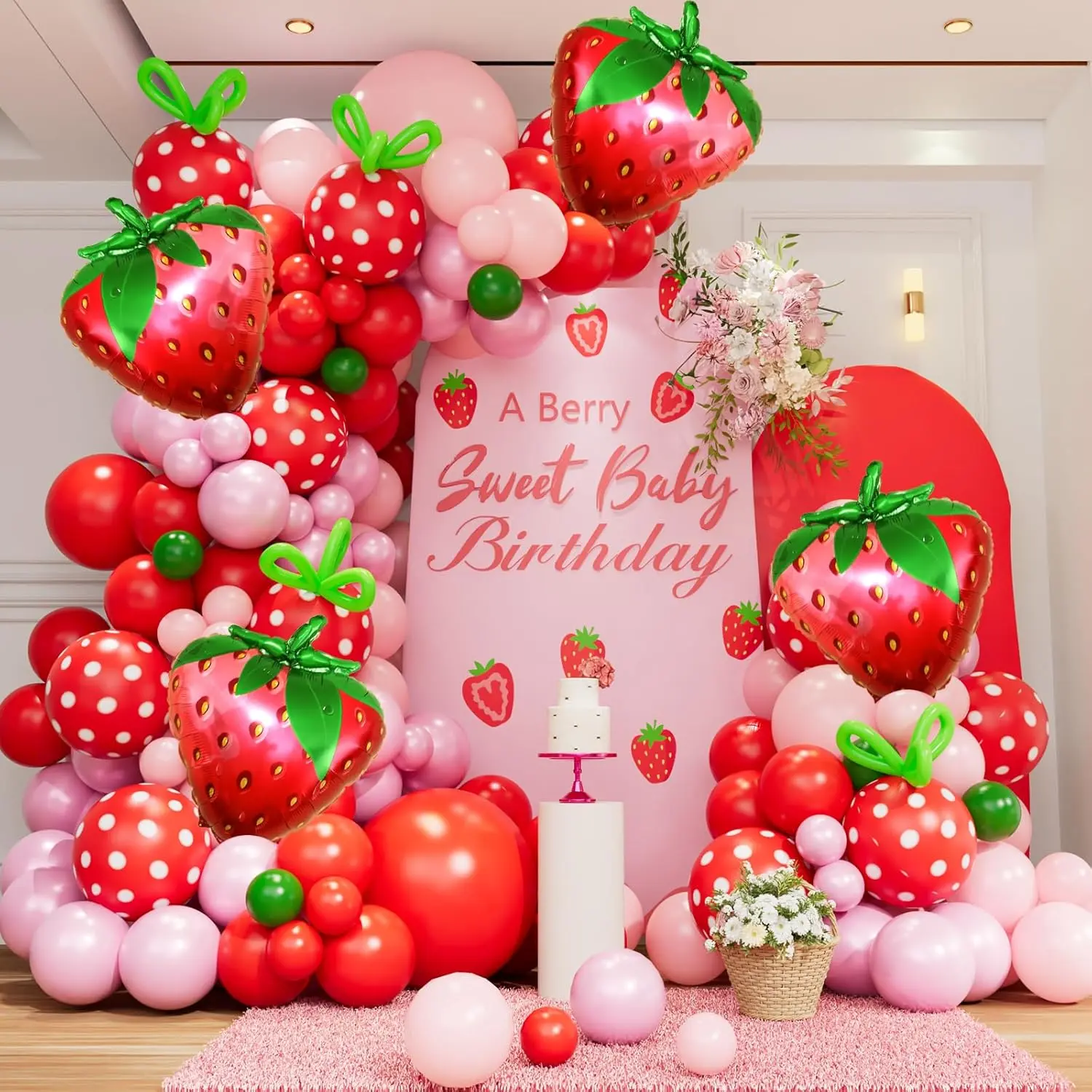 Strawberry Balloon Arch Kit - 137 Red Pink and Light Pink Balloons with Strawberry Foil Balloons for Berry Birthday Decor Sweet Girl  Shower Strawberry Shortcake Themed Party Decorations