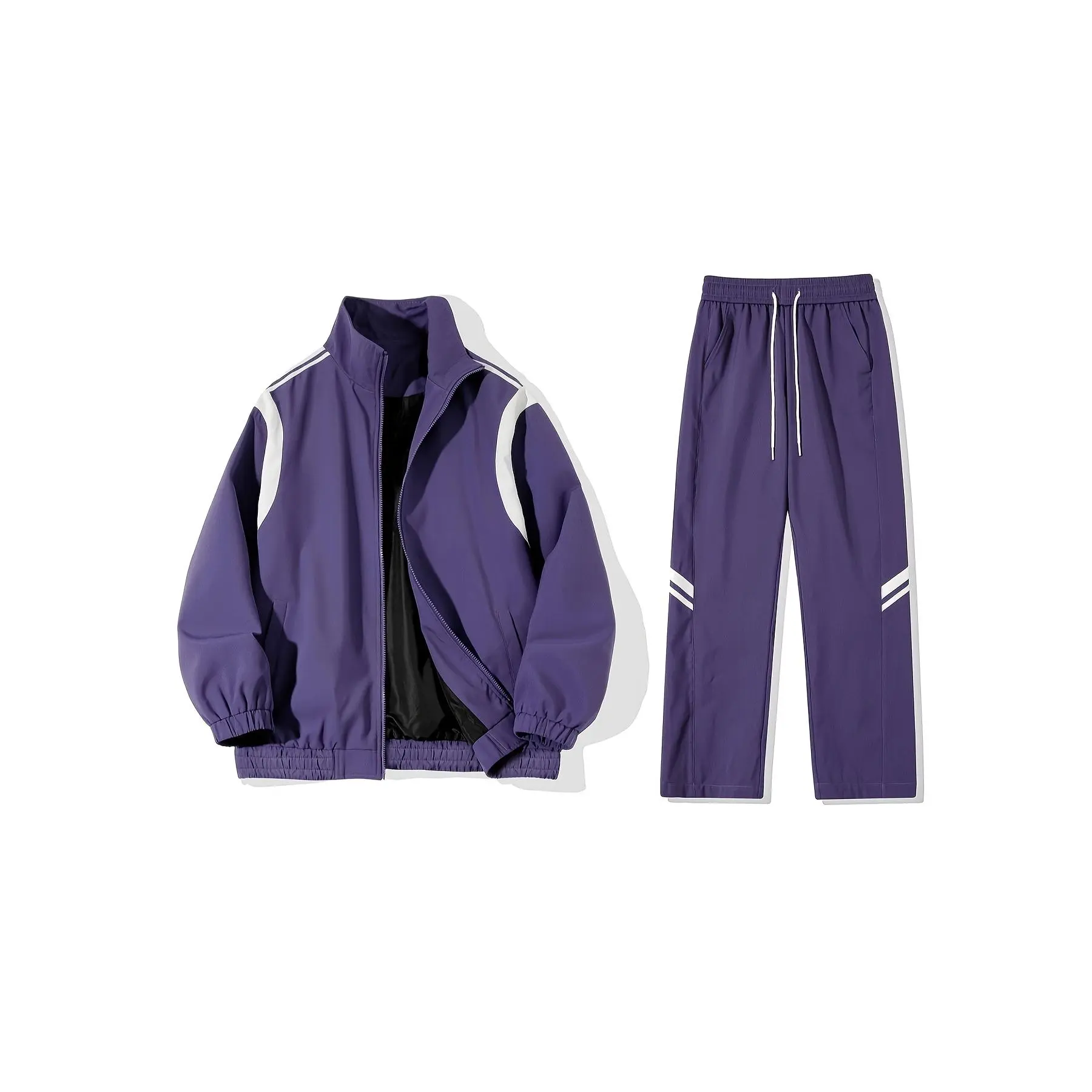 [Polyester Windbreaker Set] Color Block Polyester Windbreaker Jacket & Joggers Set - Men's Casual Sportswear - Spring/Fall Fashion Outfit