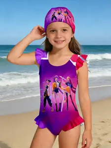 Dopamine Kpop Cartoon Girl Group One-Piece Swimsuit, Girls' Ruffle Beachwear, High Stretch Quick Dry Baby Swimwear