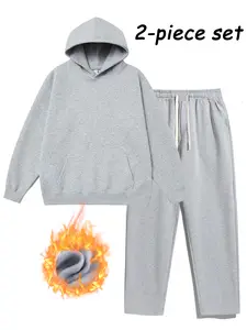 Men's 2-Piece Plain Tracksuit Set - Fitted Long-Sleeve Fleece Hoodie, Drawstring Straight Jogger Pants, Thick Fall/Winter Casual Outdoor Menswear Outfit, 2 Piece Mens
