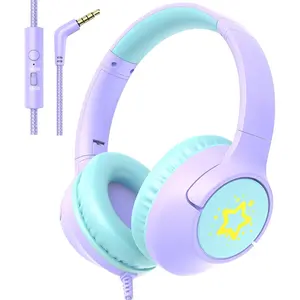 F-HPS06  Kids Wired Headphones for School, 85/94 dB Volume Limit, Wired Over Ear Headphones for Girls Kids with Microphone, Foldable Stereo Sound 3.5mm Wire Cord for Kindle Tablet Airplane Travel, Purple