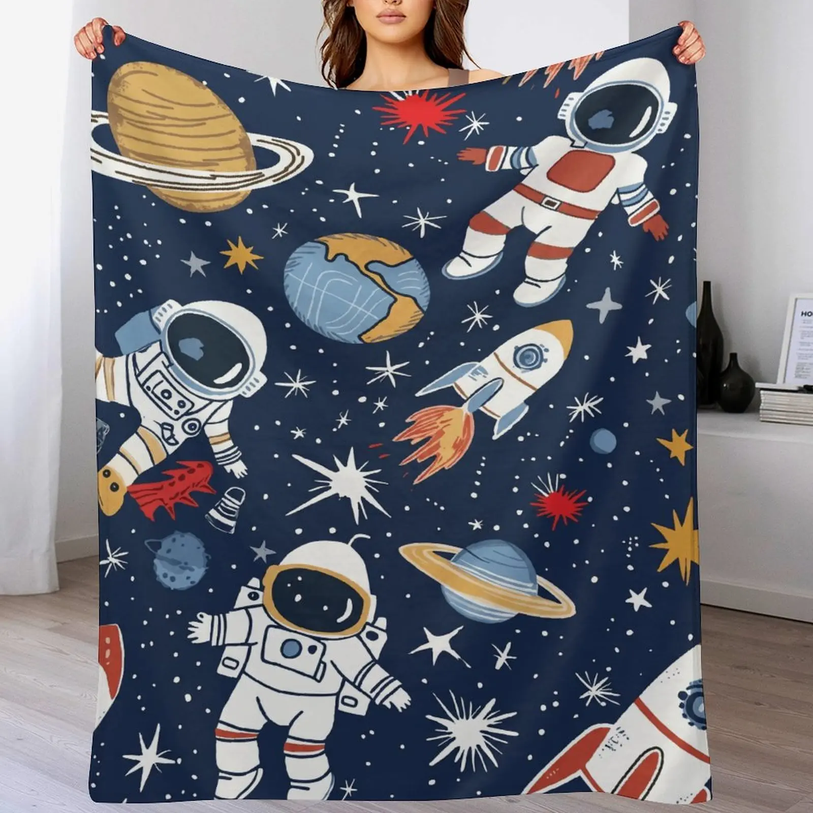 Kids Space Astronaut Blanket, Galaxy Planet Throw, Perfect Gift for Son/Daughter, Soft Flannel Fleece Blanket for Boys/Girls Room, Cozy Gift for Toddlers