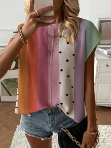 Summer Round Neck Short Sleeve Knit Top, Loose Fit Geometric Print, Casual Elegant Commuter, Bikini Cover-Up, Women's Fashion, Womenswear, Lady