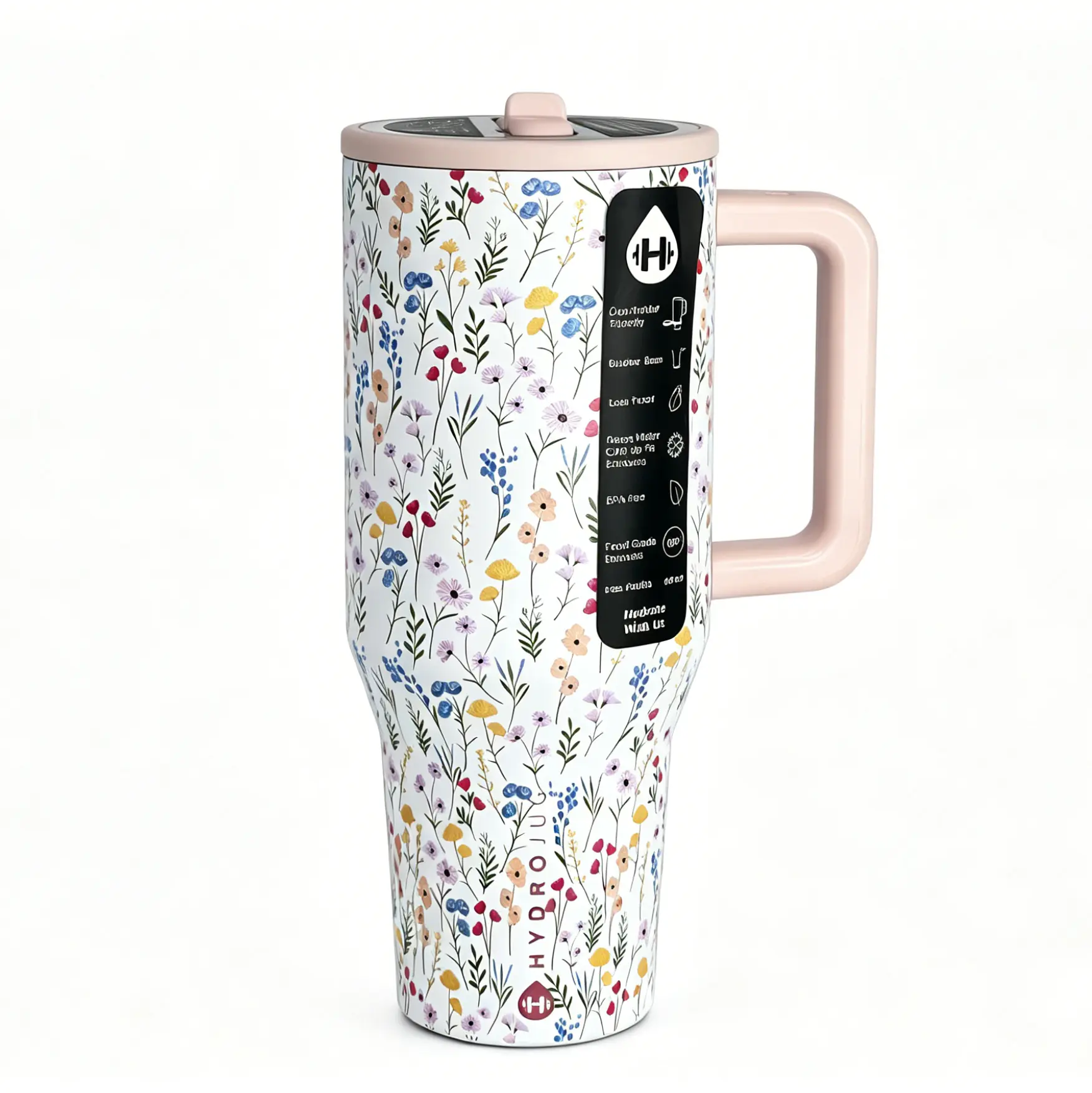 HydroJug Traveler 40oz Spring Wildflower Series Insulated Stainless Steel Flask ，BPA-Free Portable Water Bottle with Straw, Ergonomic Handle, Cup Holder Friendly for Sports, Outdoor Use Dr Pepper Tumbler, Modern