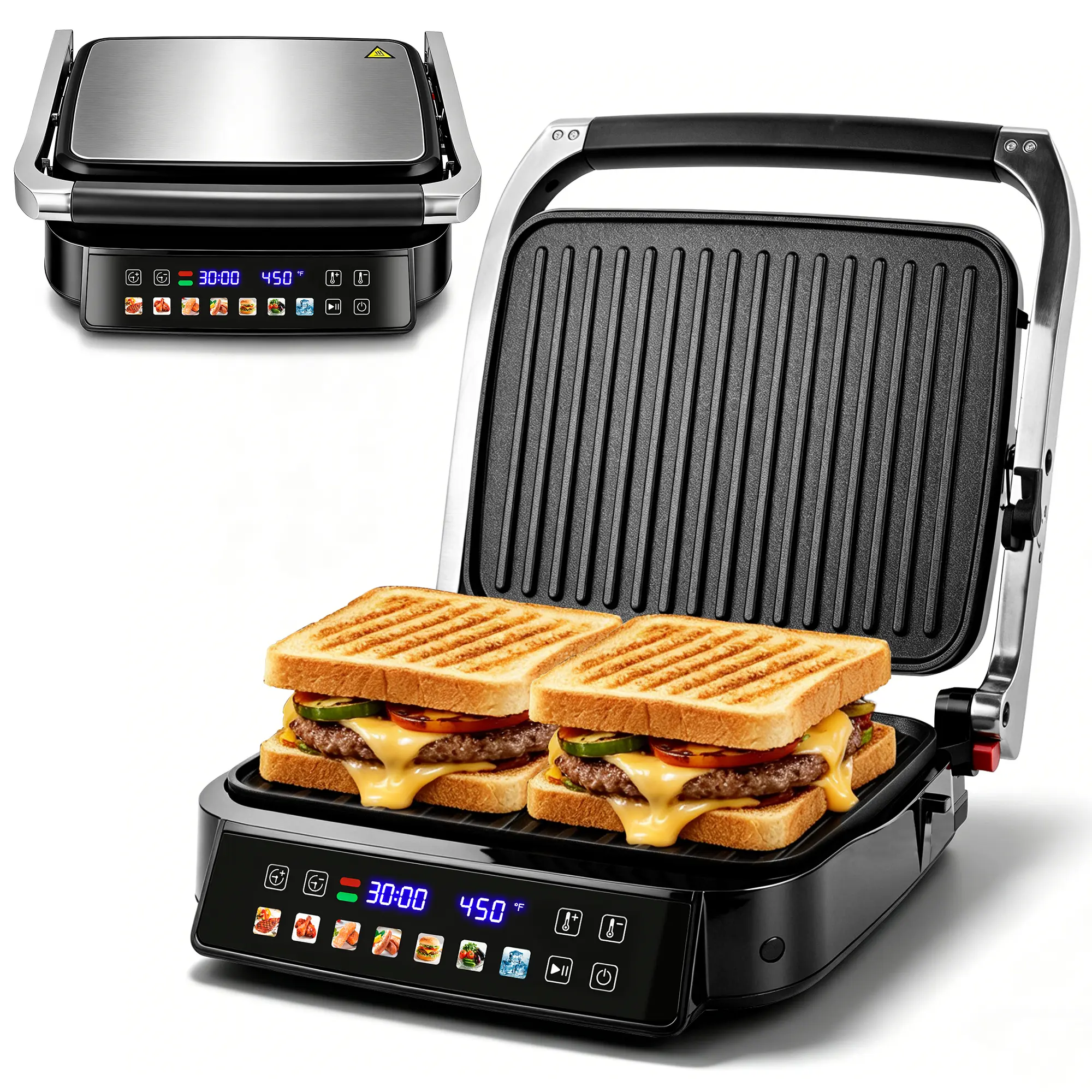 Pukomc 7-in-1 1500W Electric Contact Panini Maker Table Top Grill - Compact Home Kitchen Multi-Cooking Appliance, 180° Flat Open Design, Non-Stick Griddle, Removable Cooking Plates, LED Display, 7 Preset Modes, Digital Temperature Control