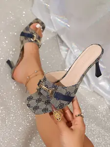 New Spring Summer Denim High Heel Sandals for Women, Open Toe Strap Design, Floral Print, Slim Fit, Elegant Style, Footwear