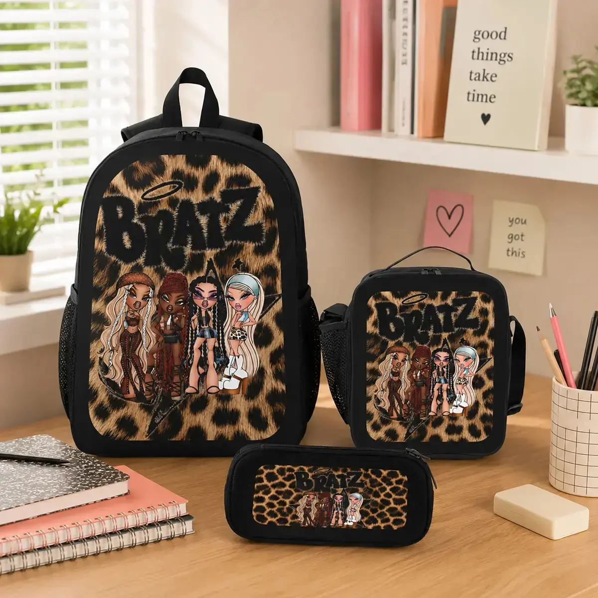 BRATZ Backpack Set Durable Polyester 3 Piece Bookbag Lunch Bag Pencil Case Lightweight Large Capacity Travel Daypack Back To School Supplies Y2K Leopard Graphic Bag For Girls Teens Students Viral Trend