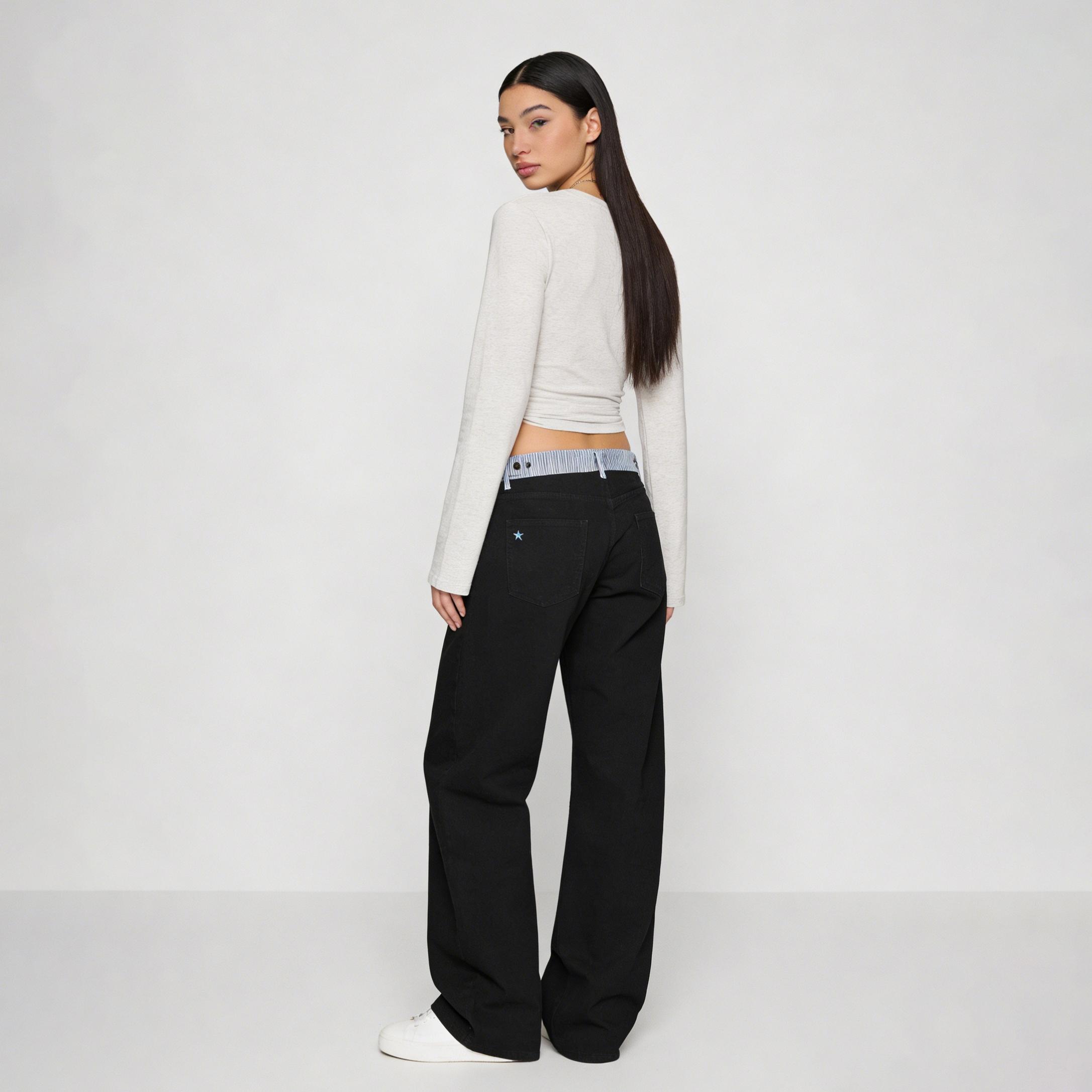 Pwest NYC Jodie Adjustable Low-Rise Loose-Barrel Leg Jeans &mdash; Y2K Minimalist Style, Adjustable Snap Buttons, Color-Blocked Waistband, Loose-Leg Cut, Soft Daily Wear